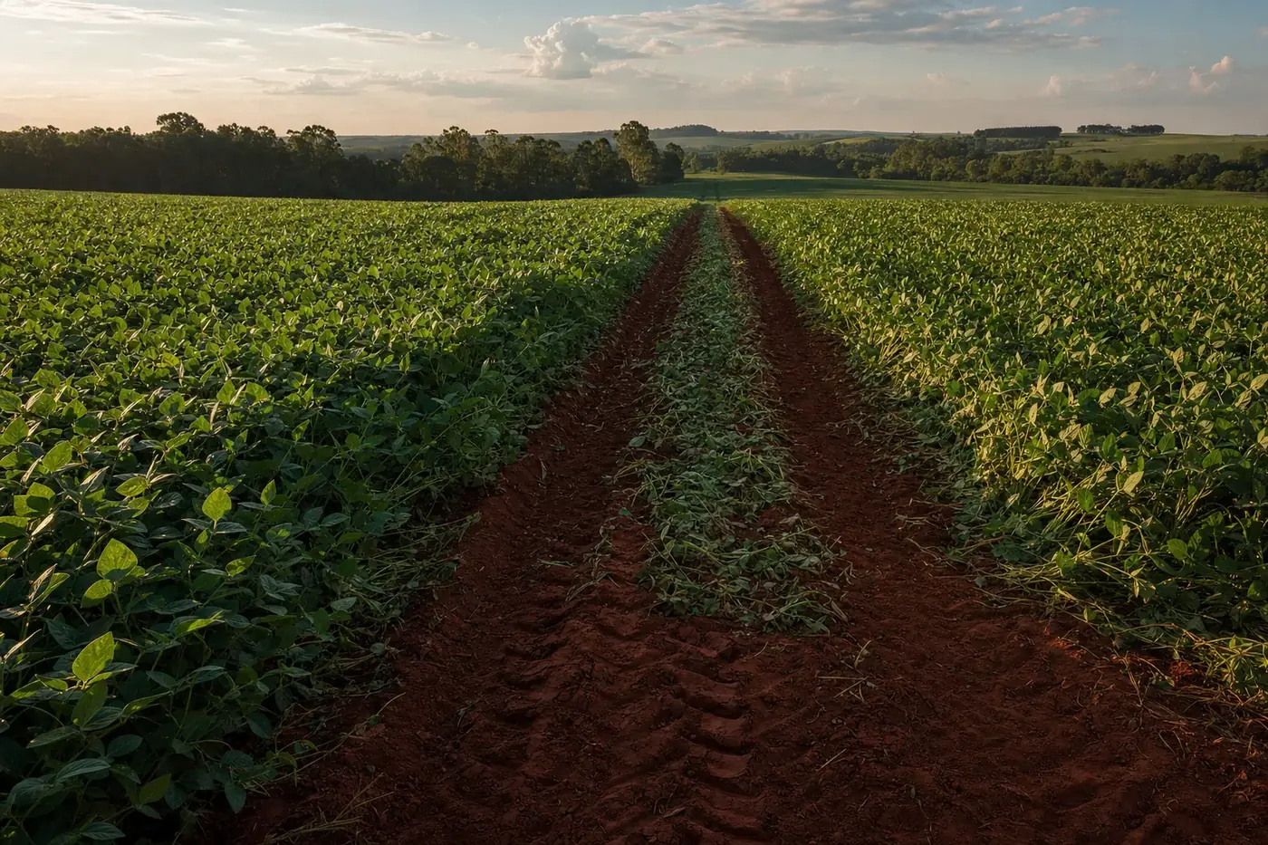 Rastro de pneu de maquinário agrícola marcado no meio de uma lavoura, com plantas amassadas na linha do rodado